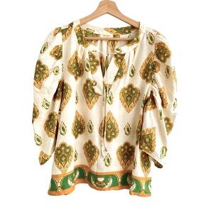 Haute Hippie Linen Boho Block Print Graphic Festival Cottage Prairie Artsy Top L